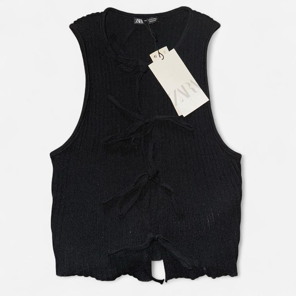 Zara Black Sleeveless Top Open Knit Triple Front Tie Design